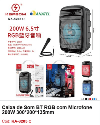 Caixa de Som BT RGB com Microfone 200W R$88,2 PCS/CX:16