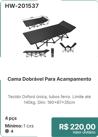 Cama Dobrável Para Acampamento 4 pçs R$ 220,00