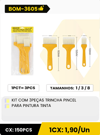 KIT COM 3PEÇAS TRINCHA PINCEL PARA PINTURA TINTA CX: 150PCS 1CX: 1,90/Un