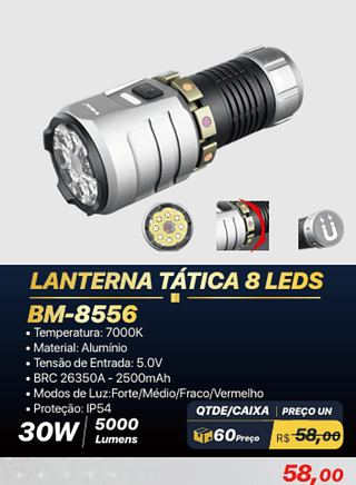 LANTERNA TÁTICA 8 LEDS 60PÇS R$58,00