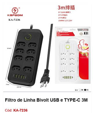 Filtro de Linha Bivolt USB e TYPE-C 3M R$ 36 PCS/CX:60