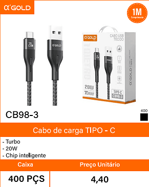 Cabo de carga TIPO - C Caixa 400 PCS Preco Unitario 4,40