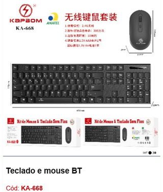Teclado e mouse BT R$52,2 PCS/Cx:30