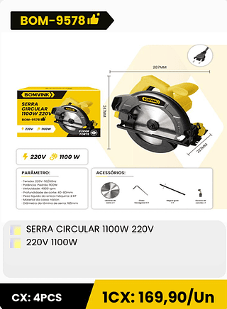 SERRA CIRCULAR 1100W 220V 220V 1100W CX: 4PCS 1CX: 169,90/Un
