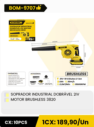 SOPRADOR INDUSTRIAL DOBRÁVEL 2IV MOTOR BRUSHLESS 3820 CX: 10PCS 1CX: 189,90/Un