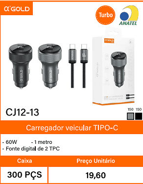Carregador veicular TIPO-C Caixa 300 PCS Preco Unitario 19,60