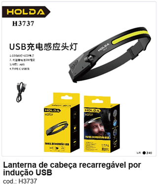 Lanterna de cabeça recarregável por indução USB R$ 7,92 PC/CX:240