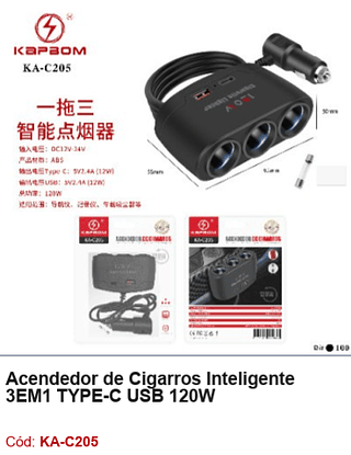 Acendedor de Cigarros Inteligente 3EM1 TYPE-C USB 120W R$ 16,2 PCS/cx: 100