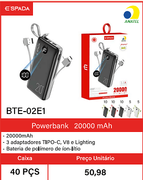 Powerbank20000 mAh Caixa 40 PCS Preco Unitario 50,98