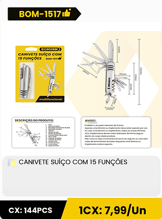 CANIVETE SUÍÇO COM 15 FUNÇÕES CX: 144PCS 1CX: 7,99/Un