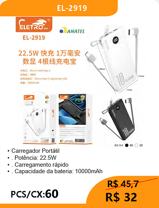 POWER BANK PCS/CX:60 R$32