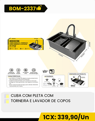 CUBA COM PLETA COM TORNEIRA E LAVADOR DE COPOS CX: 1PCS 1CX: 339,90/Un