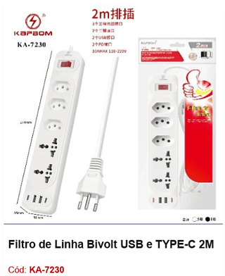 Filtro de Linha Bivolt USB e TYPE-C 2M R$ 32,4 PCS/CX:60