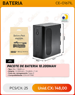 PACOTE DE BATERIA 10.200MAH PCS/CX: 25 Unid.CX: 148,00