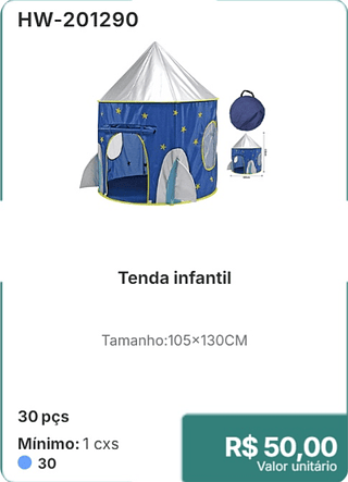 Tenda infantil 30 pçs R$ 50,00