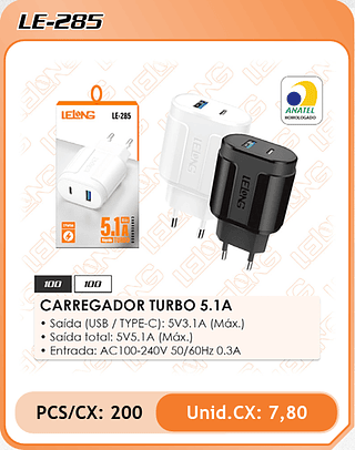 CARREGADOR TURBO 5.1A 200PÇ=7,8$
