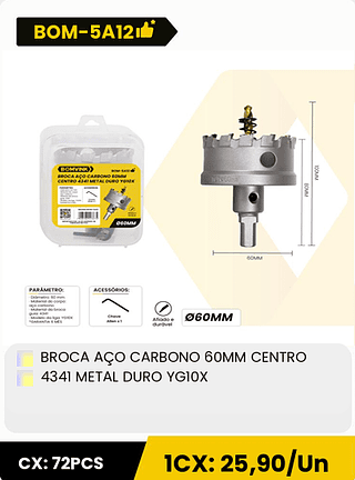 BROCA AÇO CARBONO 60MM CENTRO 4341 METAL DURO YGIOX CX: 72PCS 1CX: 25,90/Un