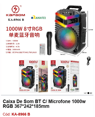 Caixa De Som BT C/ Microfone 1000w RGB R$151,2 PCS/Cx:12