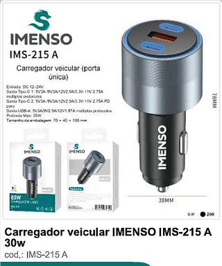 Carregador veicular IMENSO 30w 200PC/CX R$16,2