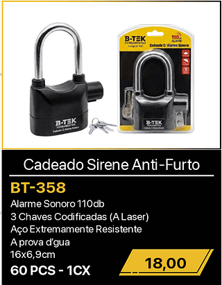 Cadeado Sirene Anti-Furto 60PCS R$18,00