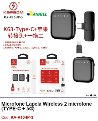 Microfone Lapela Wireless 2 microfone (TYPE-C + 5G) R$ 25,2 PCS/CX: 100