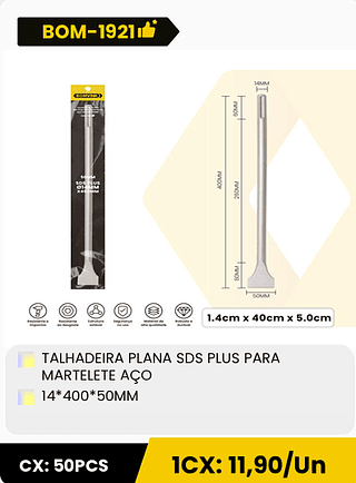 TALHADEIRA PLANA SDS PLUS PARA MARTELETE AÇO 14*400*50MM CX: 50PCS 1CX: 11,90/Un