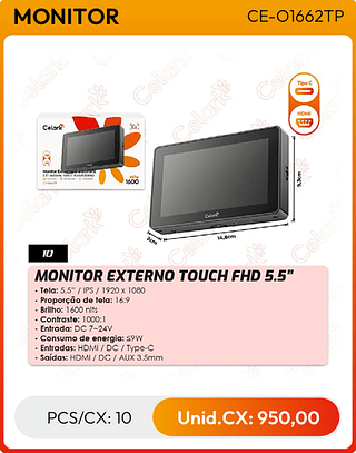 MONITOR EXTERNO TOUCH FHD 5.5" PCS/CX: 10 Unid.CX: 950,00