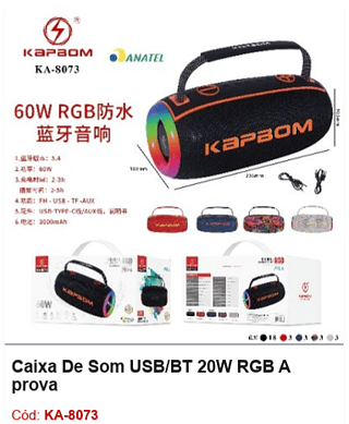 Caixa De Som USB/BT 20W RGB A prova R$106,2 PCS/Cx:30