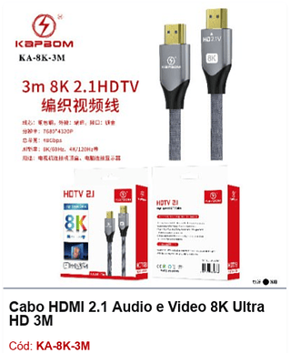 Cabo HDMI 2.1 Áudio e Video 8K Ultra HD 3M R$ 18 PCS/CX:80