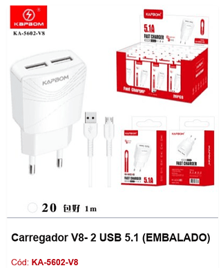 Carregador V8- 2 USB 5.1 R$ 4,5 Pcs/cx:400