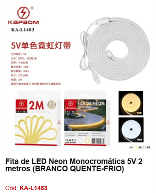 Fita de LED Neon Monocromática 5V 2 metros R$ 10,8 PCS/CX: 80