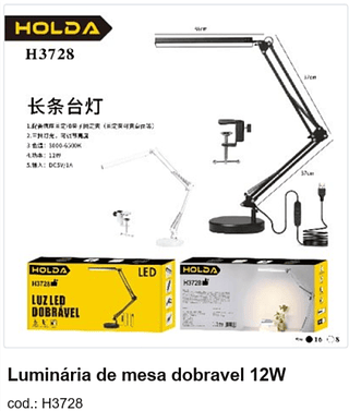 Luminária de mesa dobravel 12W R$ 49,5 PC/CX:24
