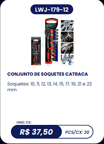 CONJUNTO DE SOQUETES CATRACA UNID. CX: R$ 37,50 PCS/CX: 20