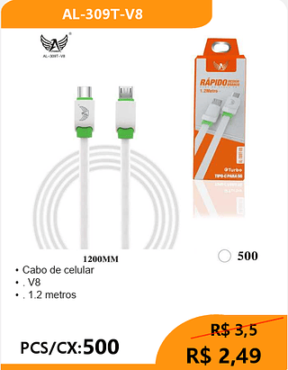 Cabo de celular V8 PCS/CX:500 R$ 2,49