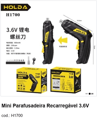 Mini Parafusadeira Recarregável 3.6V R$ 29,7 PC/CX:40