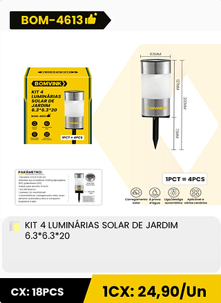 KIT 4 LUMINARIAS SOLAR DE JARDIM 6.3*6.3*20 CX: 18PCS 1CX: 24,90/Un