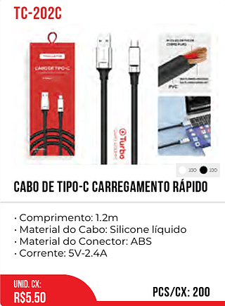 Cabo de tipo-C carregamento rápido 200pç=5,5$