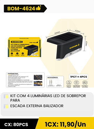 KIT COM 4 LUMINARIAS LED DE SOBREPOR PARA ESCADA EXTERNA BALIZADOR CX: 80PCS 1CX: 11,90/Un