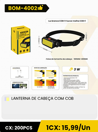 LANTERNA DE CABEÇA COM COB CX: 200PCS 1CX: 15,99/Un