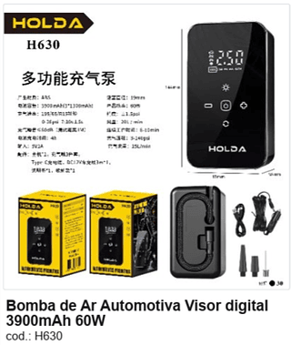Bomba de Ar Automotiva Visor digital 3900mAh 60W R$ 58,5 PC/CX:30