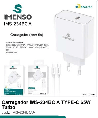 Carregador TYPE-C 65W Turbo 100PC/CX R$31,5