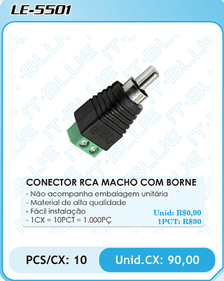 CONECTOR RCA MACHO COM BORNE PCS/CX: 10 Unid.CX: 90,00
