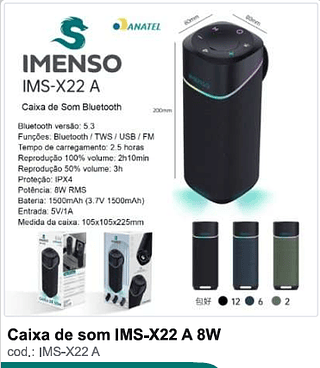Caixa de som 8W R$67,5 PC/CX 20