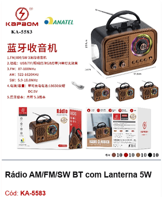Rádio AM/FM/SW BT com Lanterna 5W R$49,5 PCS/CX:40