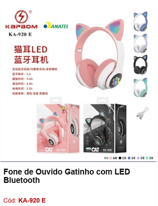 Fone de Ouvido Gatinho com LED Bluetooth R$23,4 PCS/Cx:100