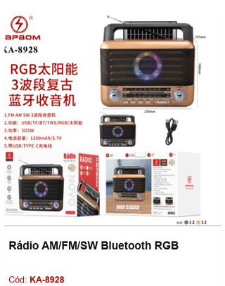 Rádio AM/FM/SW Bluetooth RGB R$85,5 PCS/Cx:24