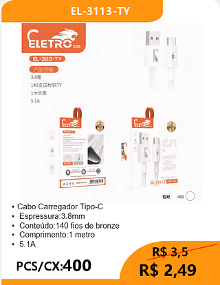 CABO TPC PCS/CX:400 R$2,49