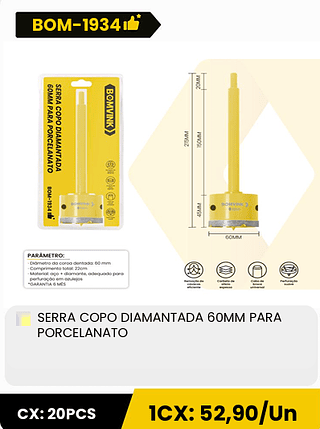 SERRA COPO DIAMANTADA 60MM PARA PORCELANATO CX: 20PCS 1CX: 52,90/Un