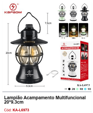 Lampião Acampamento Multifuncional 20*9.3cm R$ 40,5 PCS/Cx: 40