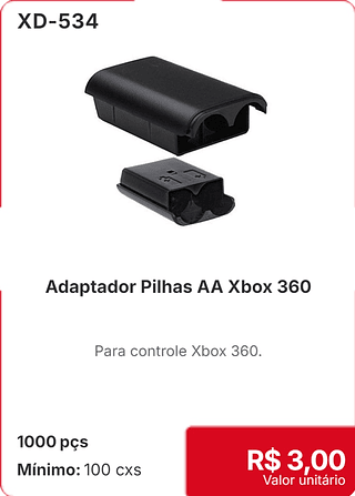 Adaptador Pilhas AA Xbox 360 1000 pçs R$ 3,00